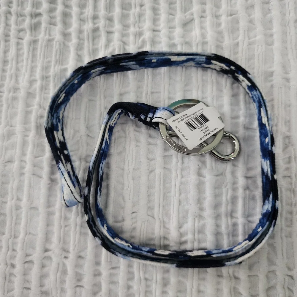 Vera Bradley Lanyard Ikat Island Blue White Fabric Key ID Holder 24159-U44 NEW